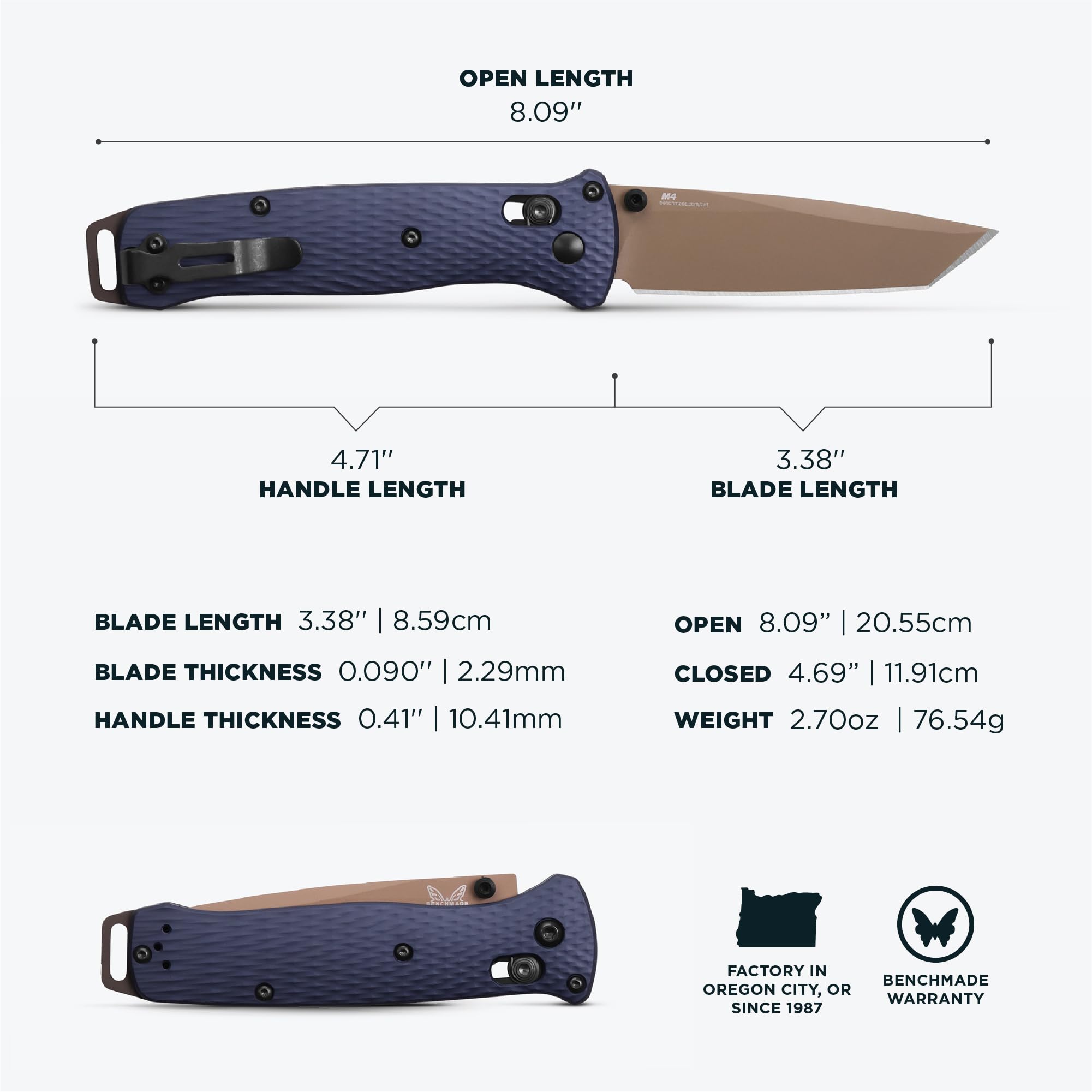 Benchmade - Bailout Tactical EDC Knife, Plain Edge, Tanto Blade with Crater Blue Aluminum Handle (537FE-02) - Image 7