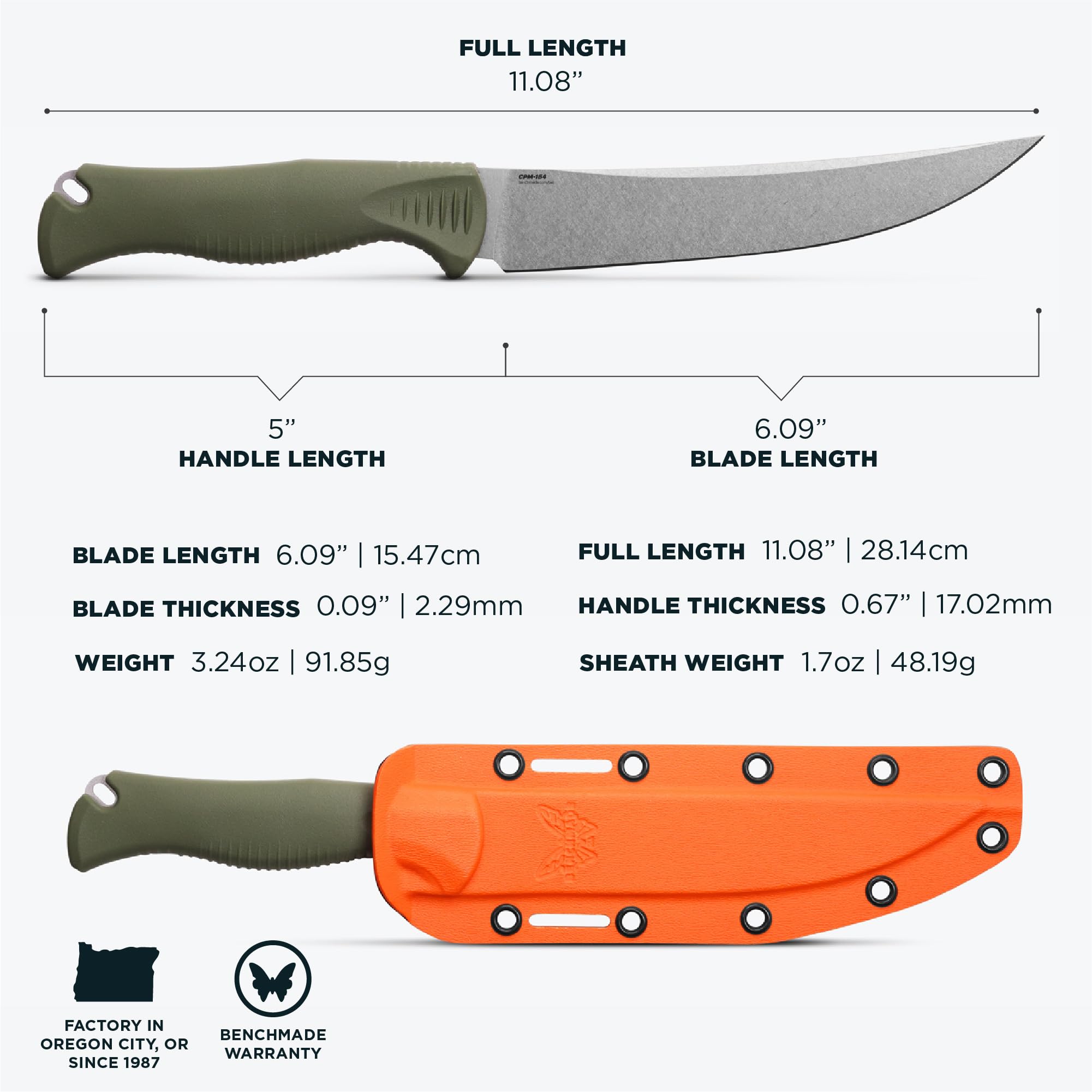 Benchmade - Meatcrafter Fixed Blade Knife with Dark Olive Santoprene Handle, 6" Trailing Point (15500-04) - Image 6