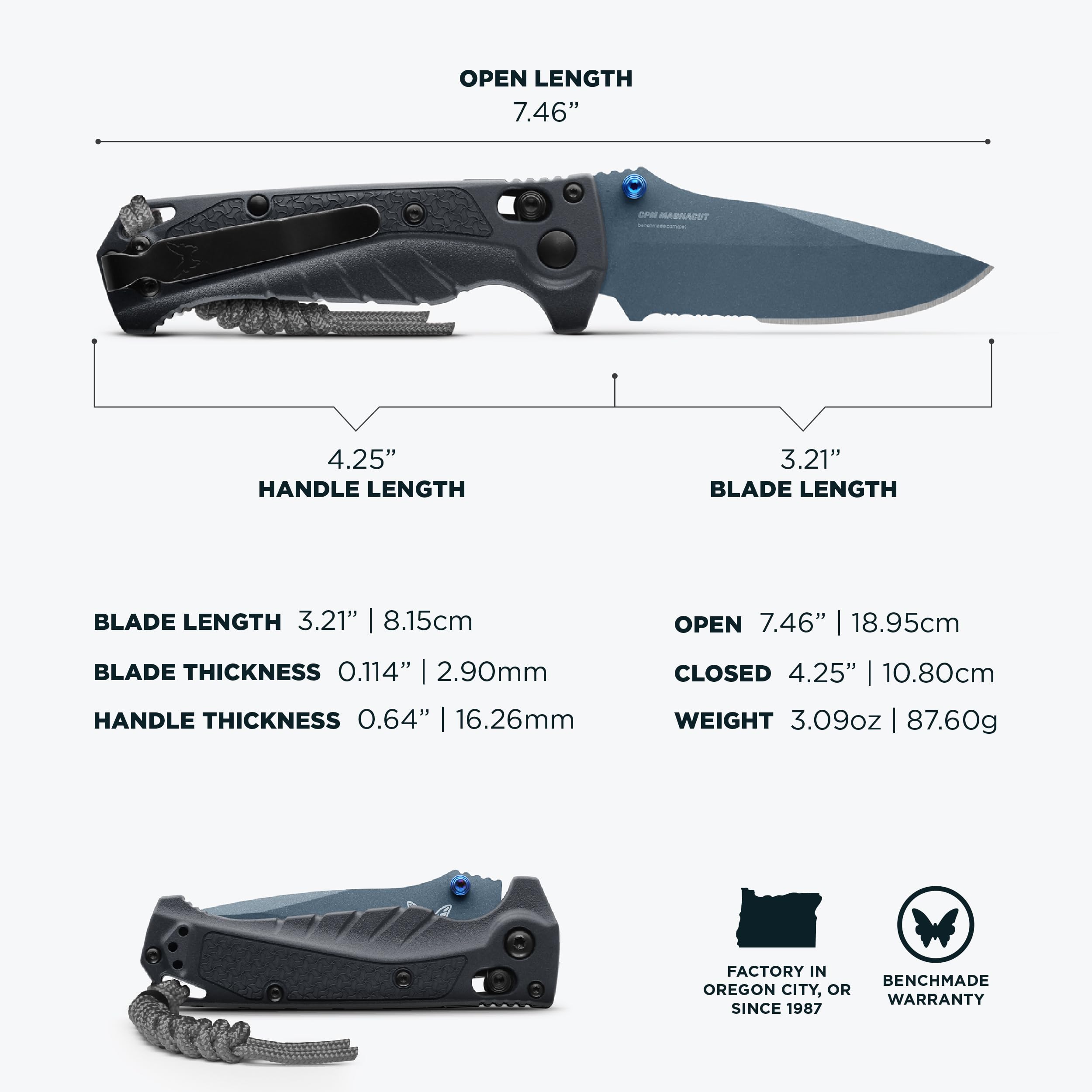 Benchmade - Mini Adira Outdoor, Water, Fishing Knife, Drop-Point Serrated Blade with Tempest Gray Grivory Handle (18065SBT-01) - Image 5